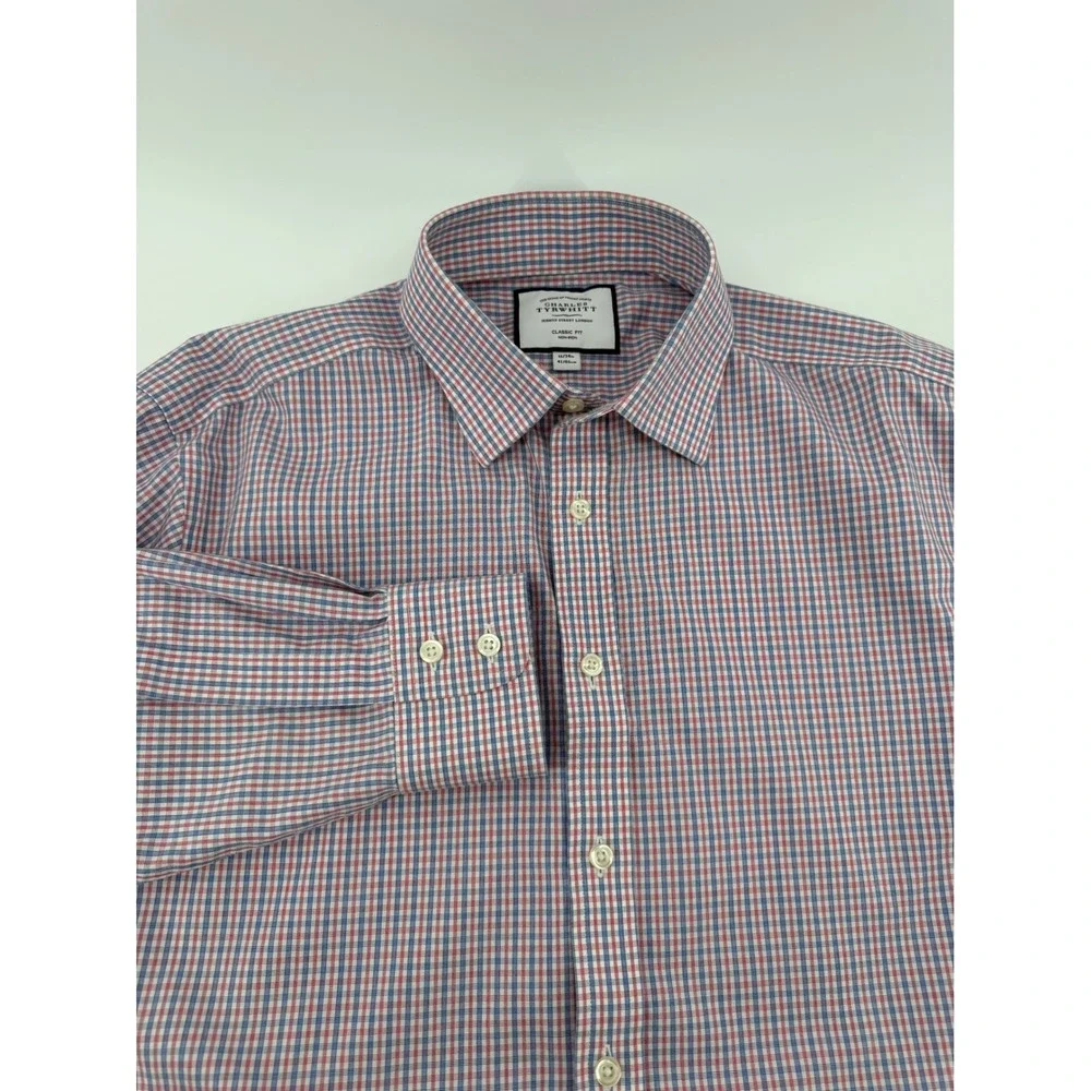 Charles Tyrwhitt Mens 16/34 Classic Fit Non-Iron Cotton Check Shirt Red Blue